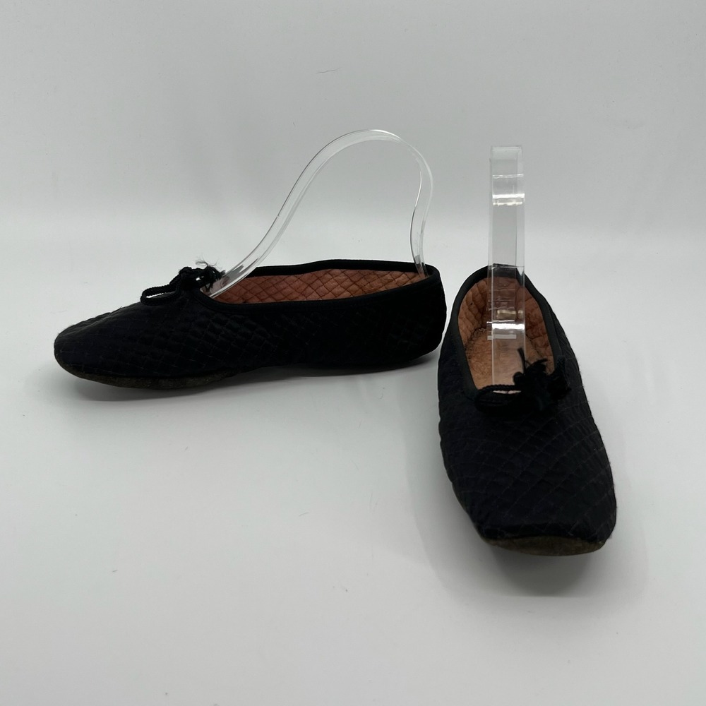 Vtg Quilted Ballet Flats Womens 7 Black Bow Slippers Leather Soles House Shoes